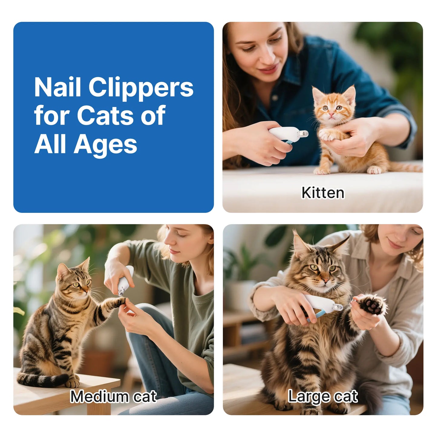 Potaroma Cat Nail Clipper with 4-Size Adjustable Trimming Hole & Hidden Nail File | Safe Toenail Trimmer for Kittens & Indoor Cats | Anti-Splash Claw Cutter for Pet Grooming (Blue)