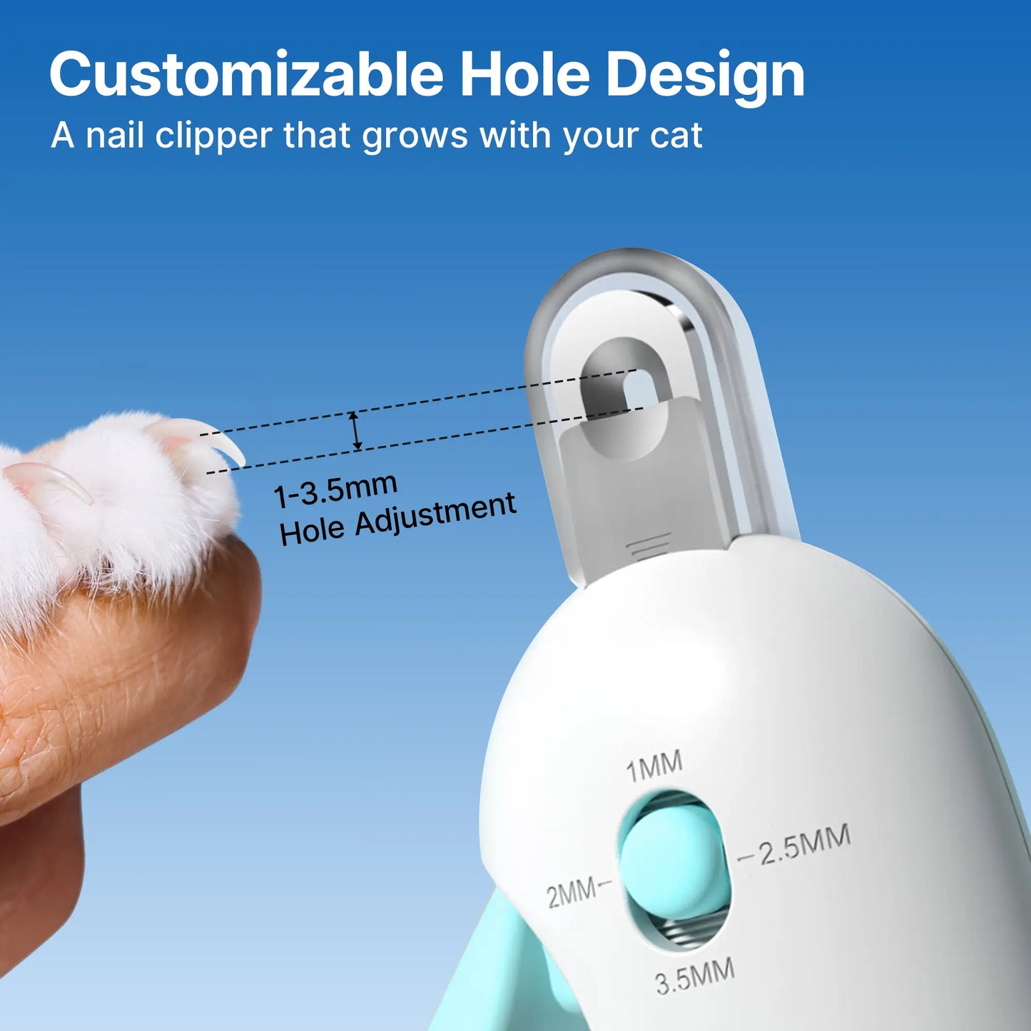 Potaroma Cat Nail Clipper with 4-Size Adjustable Trimming Hole & Hidden Nail File | Safe Toenail Trimmer for Kittens & Indoor Cats | Anti-Splash Claw Cutter for Pet Grooming (Blue)