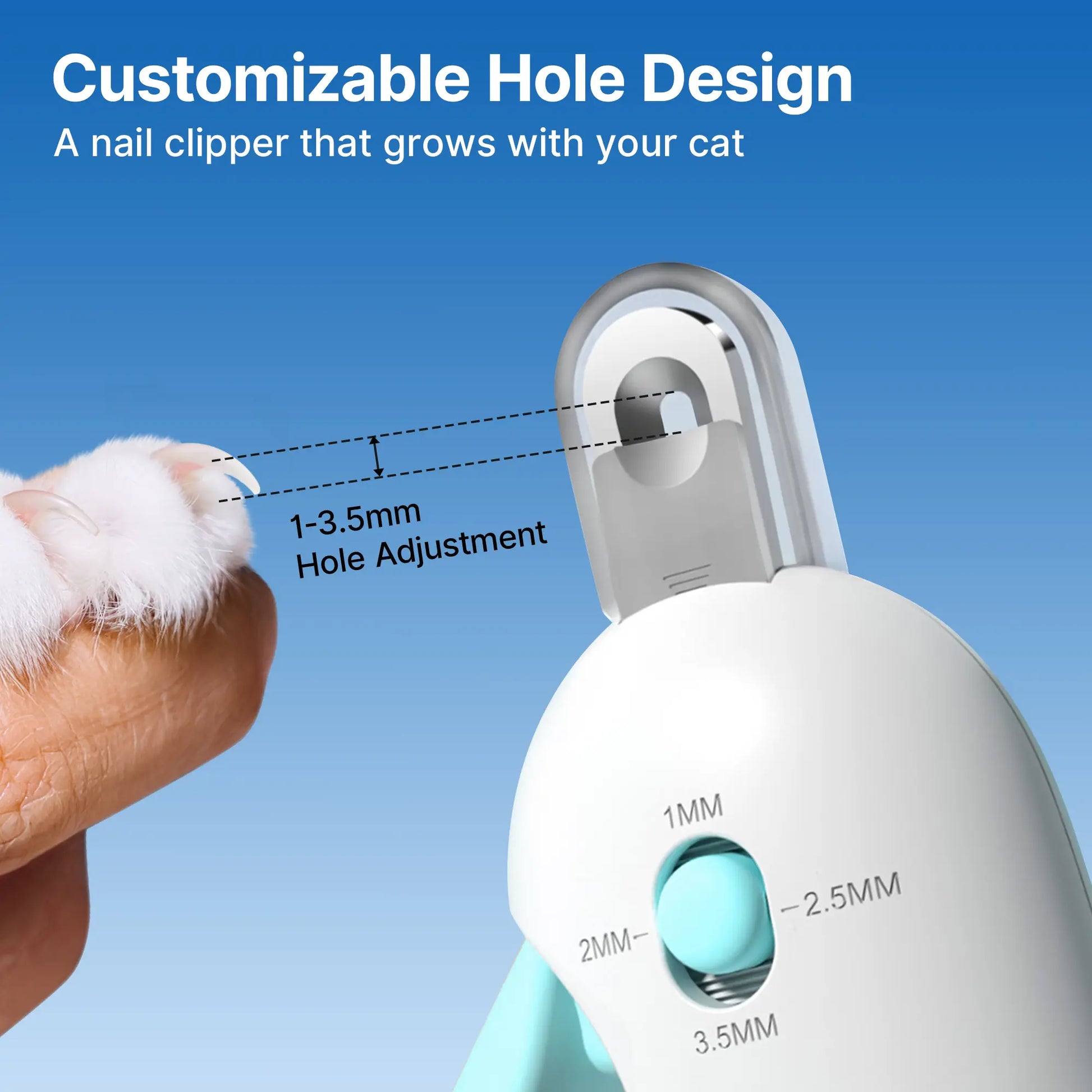 Potaroma Cat Nail Clipper with 4-Size Adjustable Trimming Hole & Hidden Nail File | Safe Toenail Trimmer for Kittens & Indoor Cats | Anti-Splash Claw Cutter for Pet Grooming (Blue)