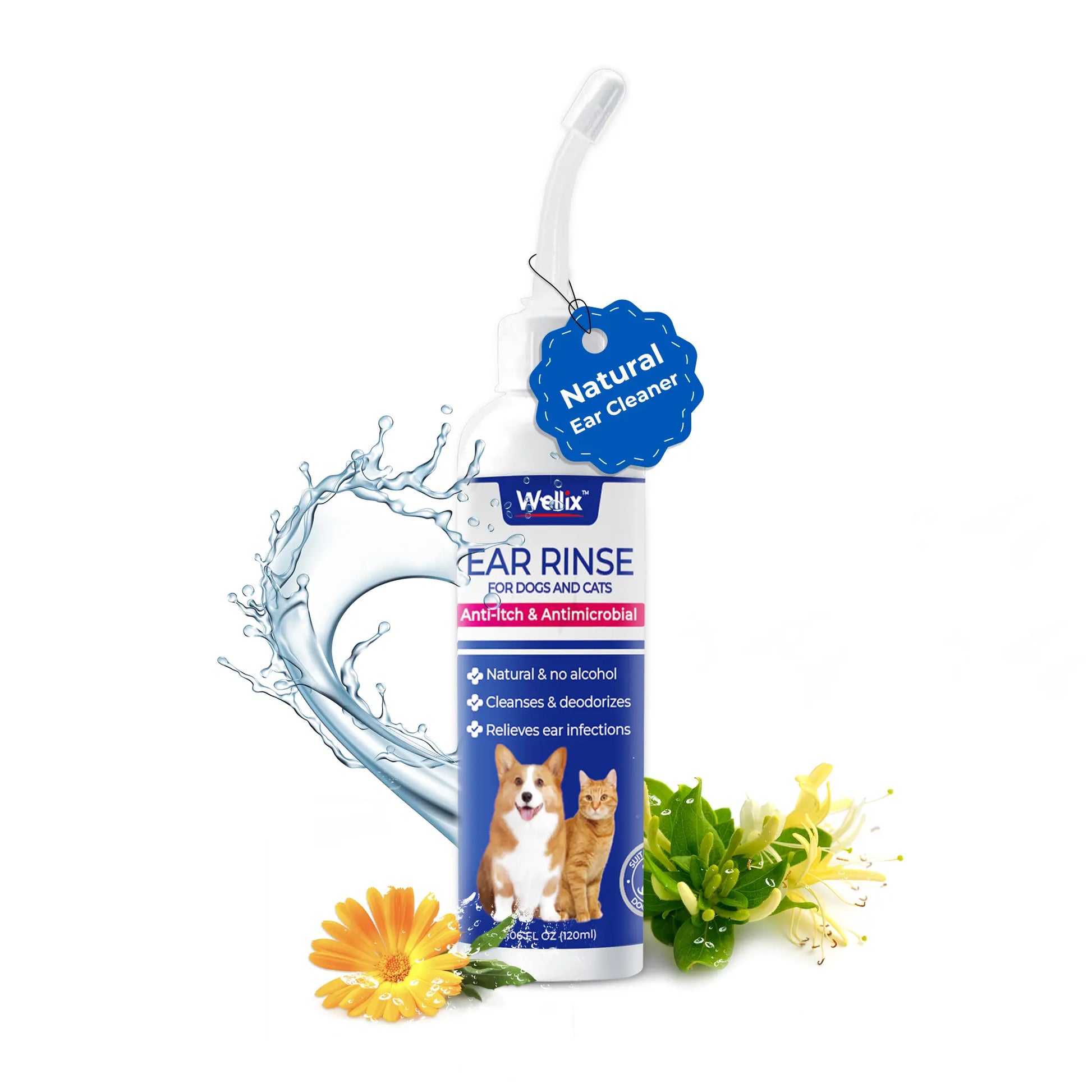 Wellix Ear Cleaner for Dogs & Cats - Soothing Honeysuckle Formula for Itch and Odor Relief, 120Ml